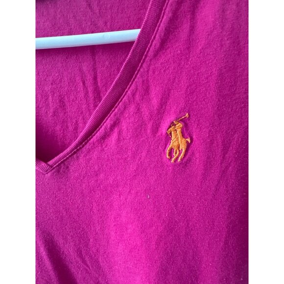 Ralph Lauren Sport Womens Pink V-Neck T-Shirt With Yellow Pony Logo 100% Cotton - Picture 2 of 4